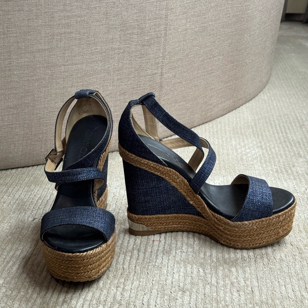 Jimmy Choo Blue Wedge Sandals with Crisscross Straps